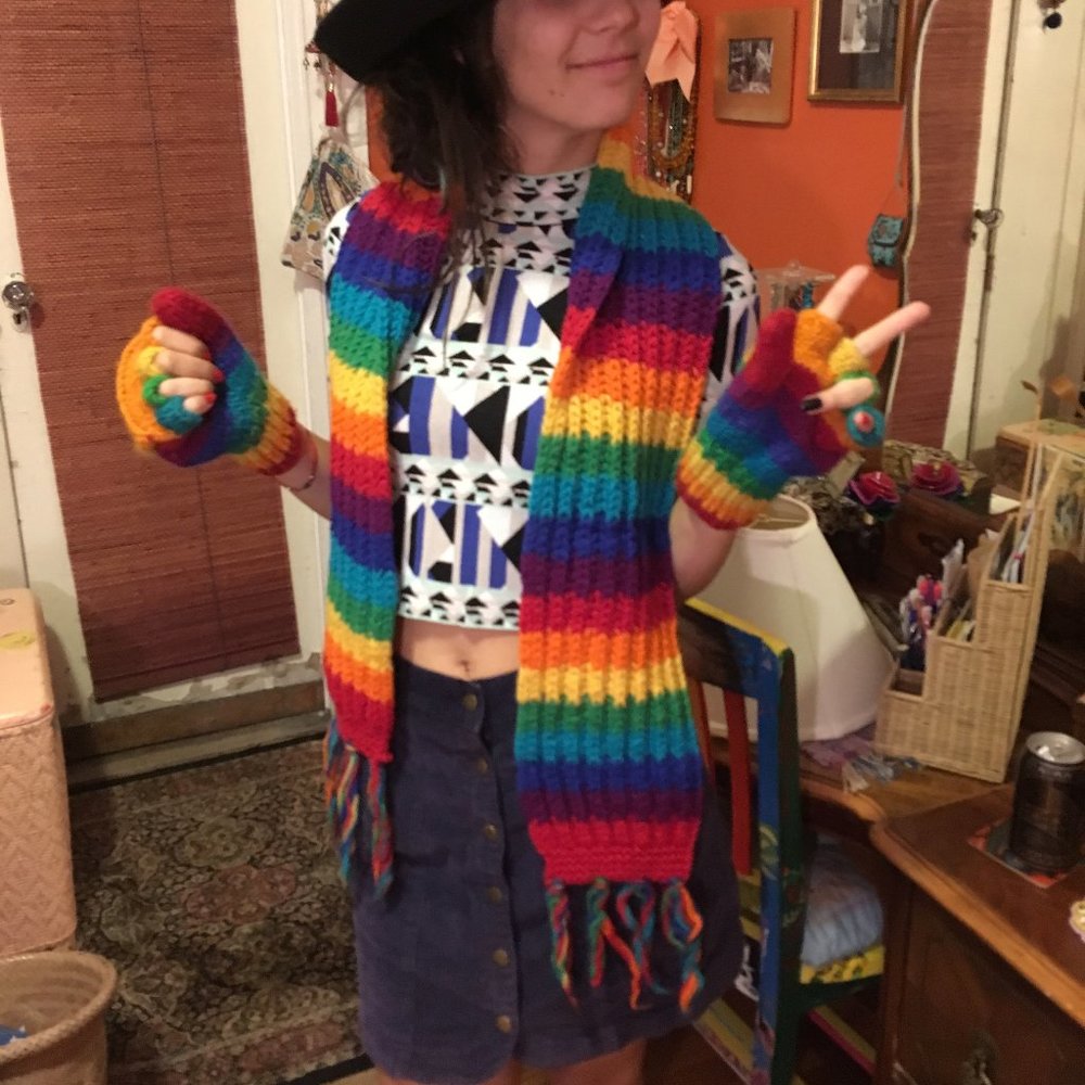 Handmade rainbow fingerless gloves and scarf